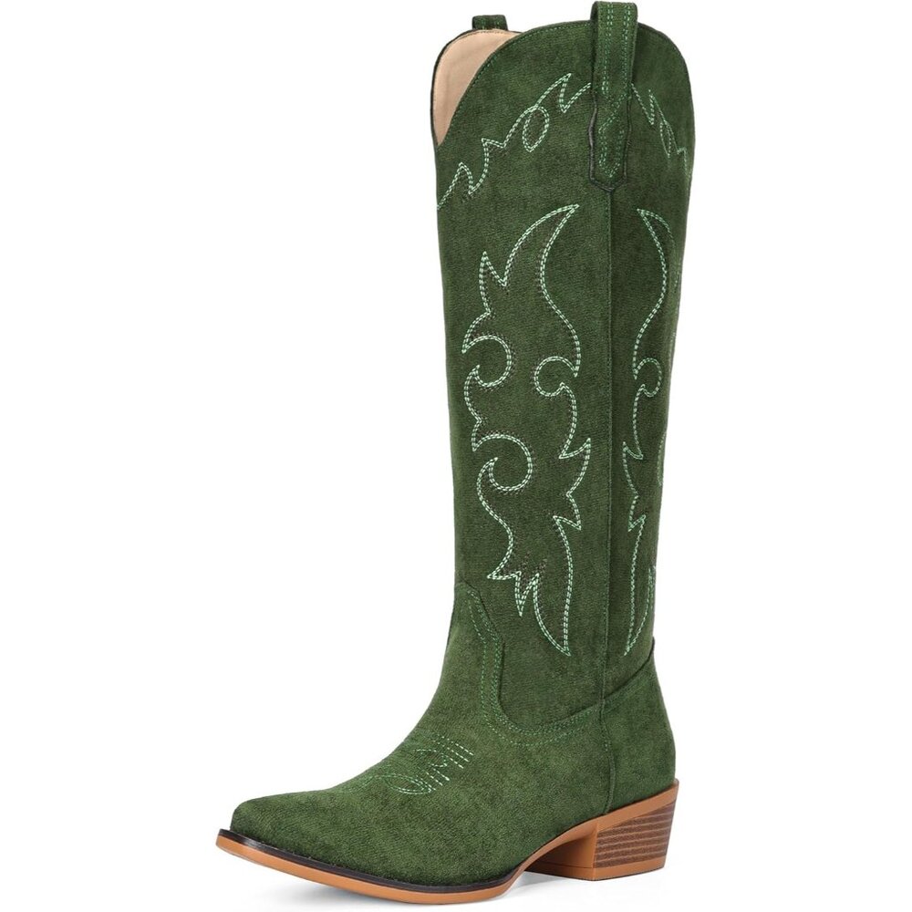 Women's Green Western Suede Cowboy Knee High Pointed Toe Low Heel Classic - Picture 1 of 6